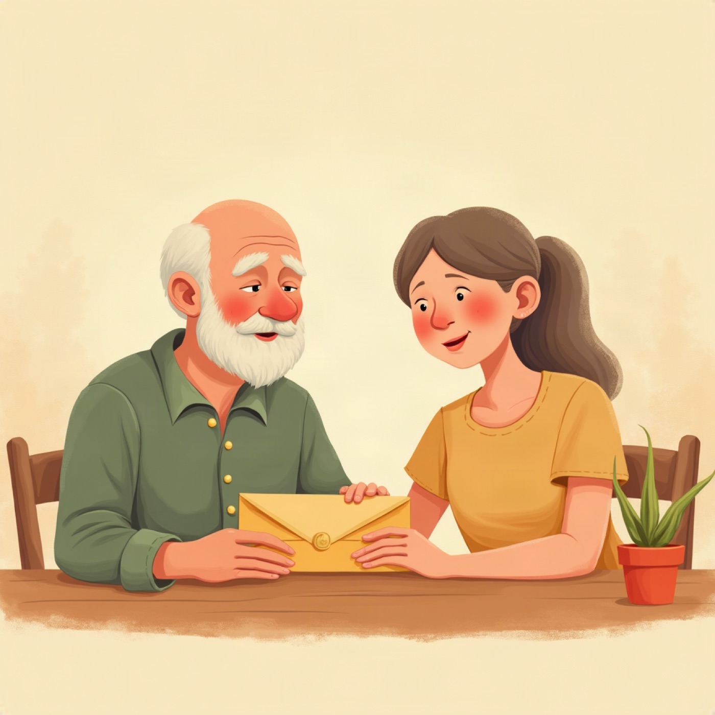 An older man and his daughter at a kitchen table with a sealed envelope
