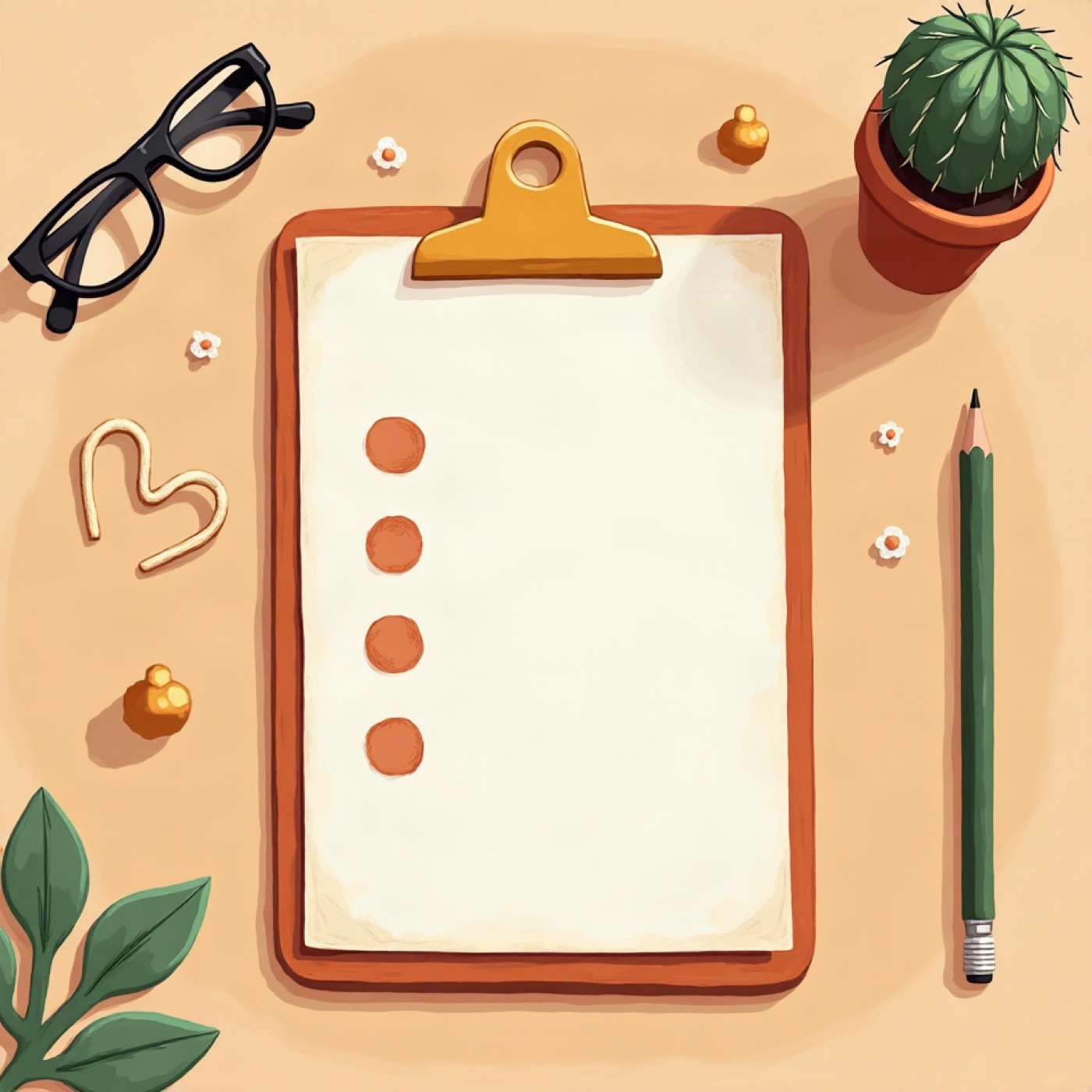 A clipboard with a short checklist, reading glasses, and a pencil