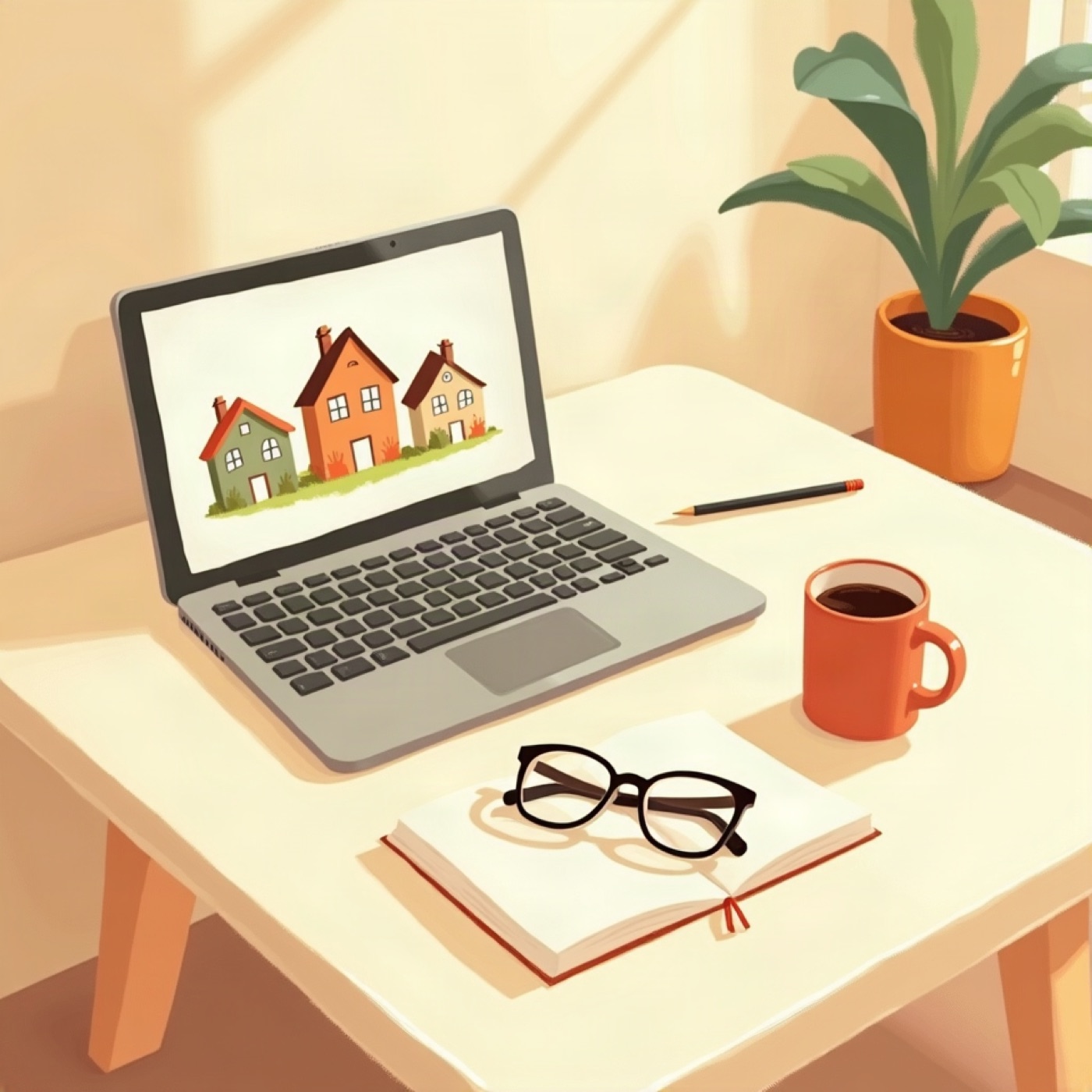 A laptop on a kitchen table showing three small houses