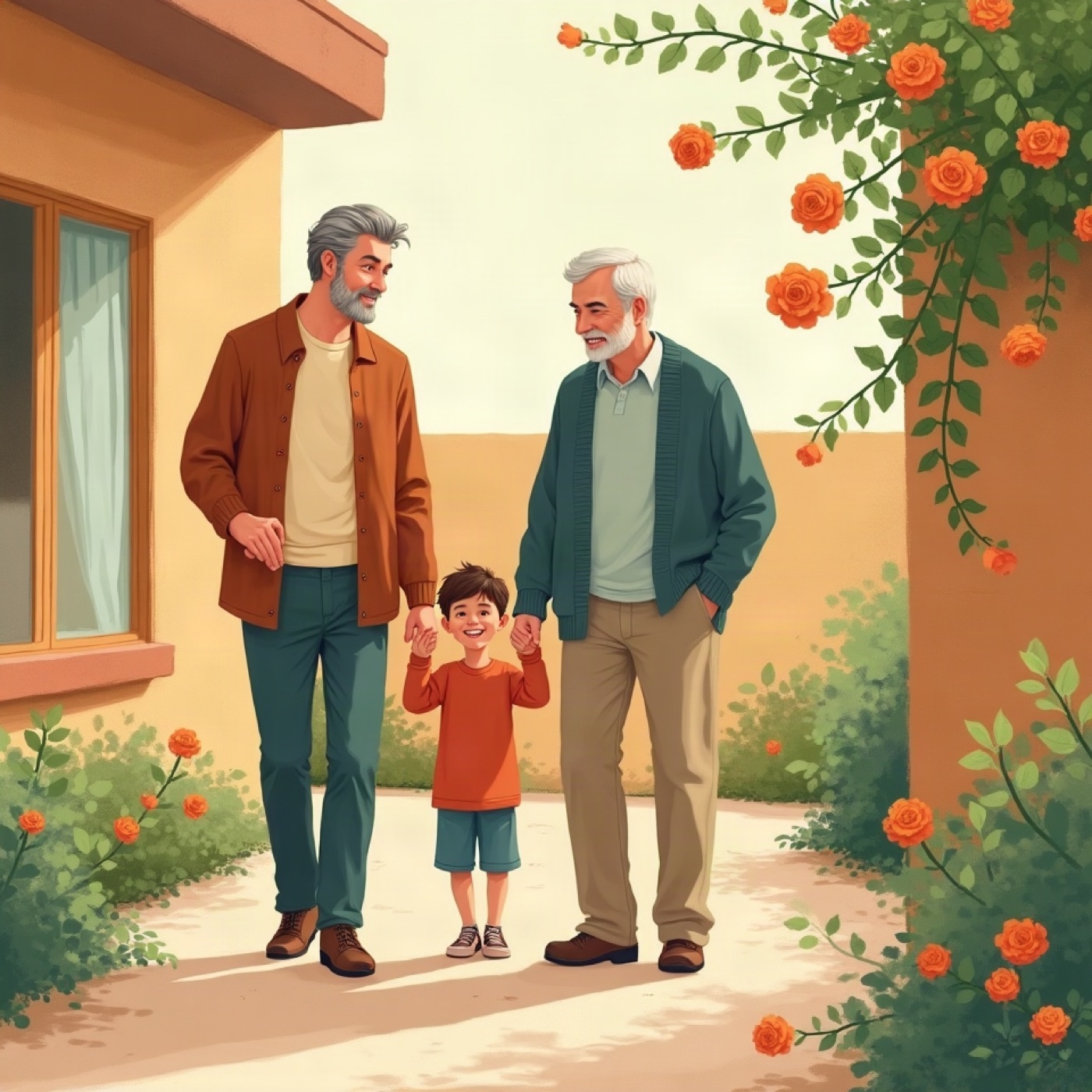 A son and his father walking through a sunny garden courtyard